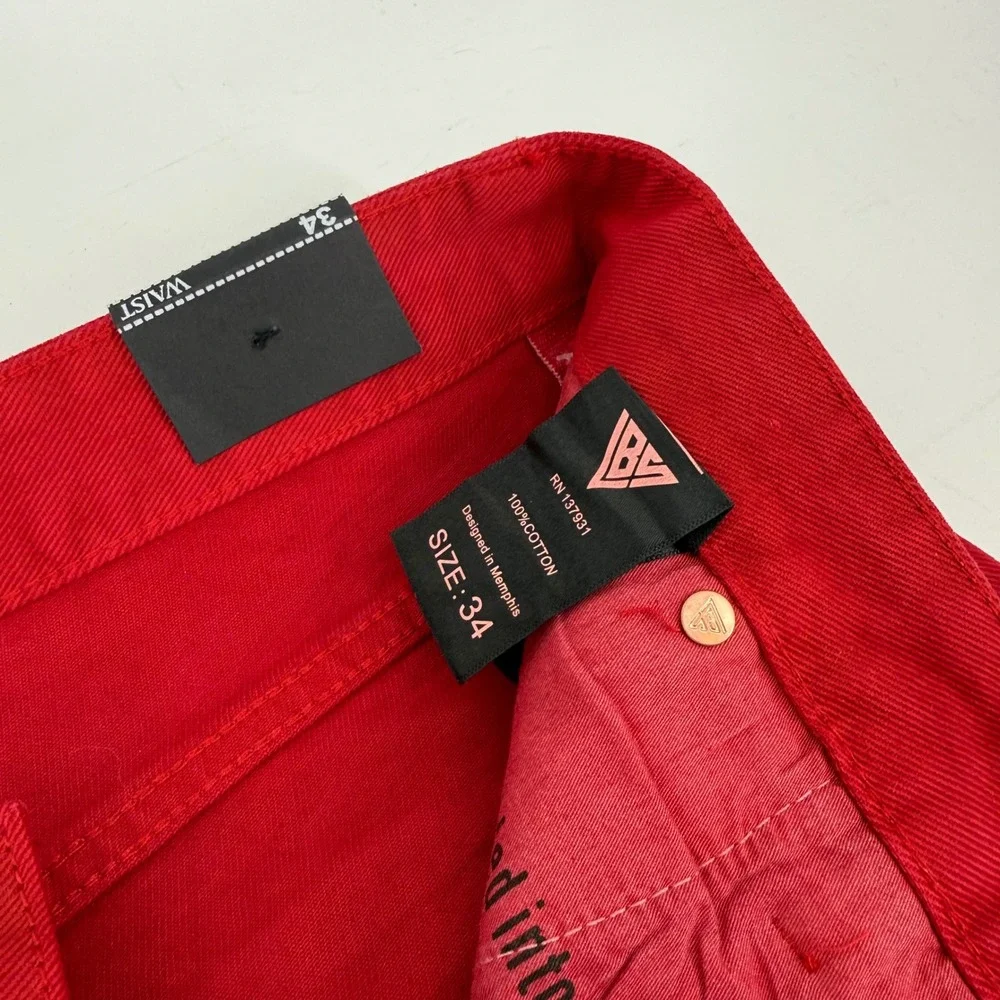 NWT Valabasas Palace Red Rhinestone Logo Denim Shorts Mens 34 Streetwear